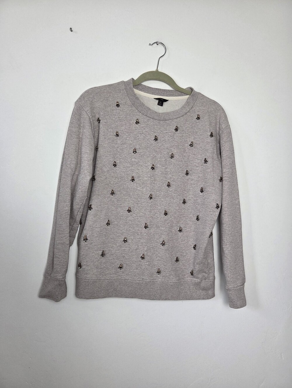 J.Crew Gemstone Sweater Top Cotton Terry Embellished Applique Gray Medium